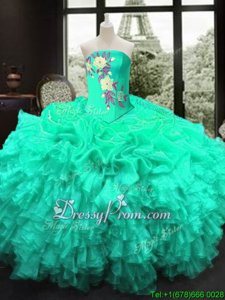 Best Turquoise Ball Gowns Organza Strapless Sleeveless Embroidery and Ruffles Floor Length Lace Up Quinceanera Gown