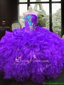 Sweet Purple Ball Gowns Organza Strapless Sleeveless Embroidery Floor Length Lace Up Sweet 16 Dress