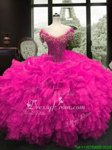 Low Price Fuchsia Lace Up Sweet 16 Quinceanera Dress Beading and Ruffles Cap Sleeves Floor Length
