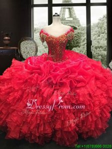 Dazzling Sweetheart Cap Sleeves Lace Up Sweet 16 Quinceanera Dress Red Organza