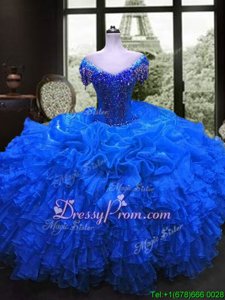 Pretty Cap Sleeves Floor Length Beading and Ruffles Lace Up Quince Ball Gowns with Royal Blue