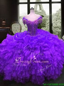 Affordable Cap Sleeves Lace Up Floor Length Beading and Ruffles Quinceanera Dress