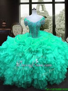 Hot Selling Turquoise and Apple Green Lace Up Quinceanera Dress Beading and Ruffles Cap Sleeves Floor Length