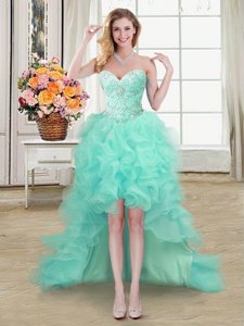 Simple Apple Green A-line Beading and Ruffles Lace Up Organza Sleeveless High Low