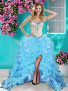 Baby Blue Ball Gowns Beading and Ruffles Lace Up Organza Sleeveless High Low
