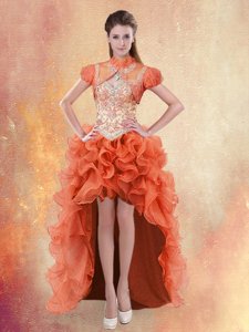 Smart Orange Red Straps Neckline Beading and Ruffles Prom Dress Sleeveless Lace Up