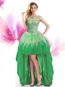 Glamorous Scoop Green Sleeveless High Low Beading and Ruffles Lace Up Evening Dress