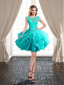 Vintage Scoop Beading and Ruffles Prom Gown Turquoise Lace Up Cap Sleeves Mini Length