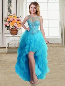 Baby Blue Scoop Lace Up Beading and Ruffles Prom Dresses Sleeveless