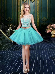 Latest Scoop Mini Length Clasp Handle Prom Party Dress Aqua Blue and In for Prom and Party with Lace