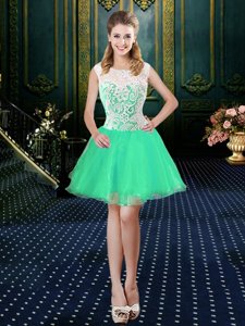 Scoop Sleeveless Organza Mini Length Zipper Prom Dress in Turquoise for with Lace