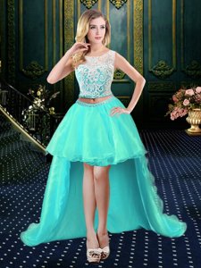 A-line Prom Dress Aqua Blue Scoop Organza Sleeveless High Low Clasp Handle