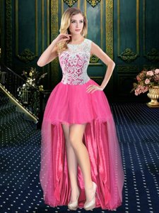 Excellent Scoop High Low Hot Pink Prom Gown Organza Brush Train Sleeveless Beading