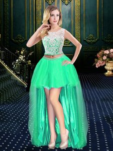 Perfect Scoop Turquoise Sleeveless High Low Lace Clasp Handle Prom Evening Gown