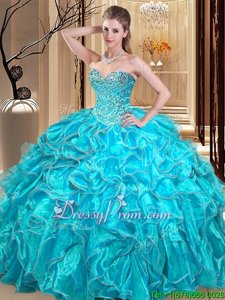Lovely Aqua Blue Sleeveless Beading and Ruffles Floor Length Quinceanera Gown