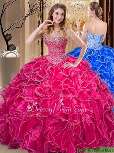 Elegant Sleeveless Organza Floor Length Lace Up Sweet 16 Quinceanera Dress inHot Pink forSpring and Summer and Fall and Winter withBeading and Ruffles