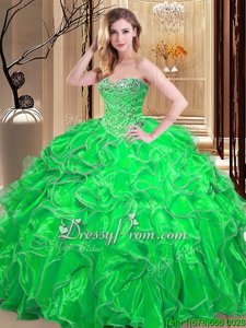 Excellent Spring Green Ball Gowns Beading and Ruffles Sweet 16 Dresses Lace Up Organza Sleeveless Floor Length