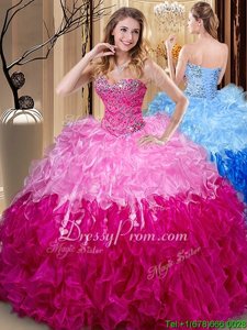 High End Hot Pink Ball Gowns Sweetheart Sleeveless Organza Floor Length Lace Up Beading and Ruffles Quinceanera Dress