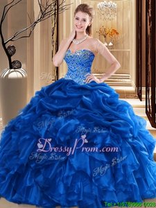 Traditional Floor Length Royal Blue Ball Gown Prom Dress Organza Sleeveless Spring and Summer and Fall and Winter Beading and Pick Ups
