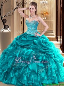 Cheap Turquoise Organza Lace Up Sweetheart Sleeveless Floor Length Quinceanera Gowns Beading and Pick Ups