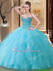 Fitting Sweetheart Sleeveless Vestidos de Quinceanera Floor Length Beading Aqua Blue Tulle