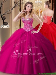 Fabulous Fuchsia Tulle Lace Up Quinceanera Dress Sleeveless Floor Length Beading