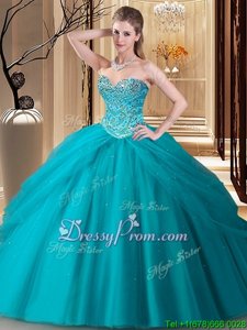 Noble Floor Length Teal 15 Quinceanera Dress Tulle Sleeveless Spring and Summer and Fall and Winter Beading