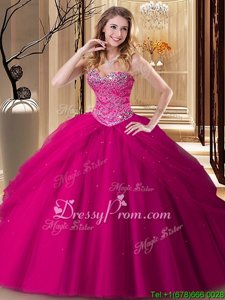 Admirable Hot Pink Lace Up Quince Ball Gowns Beading Sleeveless Floor Length