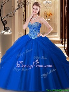Stunning Navy Blue Tulle Lace Up Sweetheart Sleeveless Floor Length 15th Birthday Dress Beading