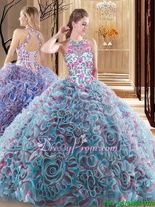 Dynamic Ruffles and Pattern Ball Gown Prom Dress Multi-color Criss Cross Sleeveless Floor Length