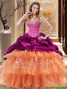 High End Fuchsia and Orange Lace Up Sweetheart Beading and Ruffles Quinceanera Gown Organza and Taffeta Sleeveless