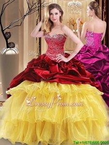 Stunning Red and Yellow Lace Up Sweetheart Beading and Ruffles Sweet 16 Dresses Organza and Taffeta Sleeveless