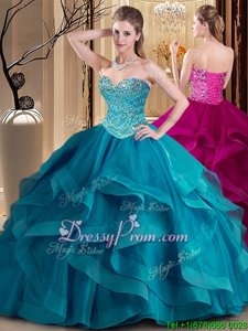 Stylish Floor Length Teal 15th Birthday Dress Sweetheart Sleeveless Lace Up