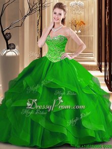 Exquisite Beading and Ruffles Sweet 16 Quinceanera Dress Green Lace Up Sleeveless Floor Length