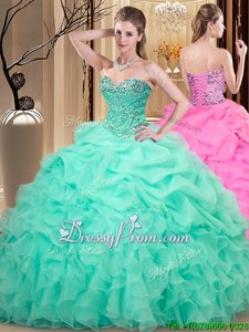 Great Sleeveless Organza Floor Length Lace Up Quinceanera Gown inTurquoise forSpring and Summer and Fall and Winter withBeading and Ruffles and Pick Ups