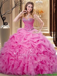 Customized Sweetheart Sleeveless Lace Up Quinceanera Gown Rose Pink Organza