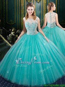 Exquisite Floor Length Clasp Handle Quinceanera Gowns Turquoise and In forMilitary Ball and Sweet 16 and Quinceanera withBeading and Embroidery