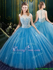 Excellent High-neck Sleeveless Quinceanera Dresses Floor Length Beading and Embroidery Baby Blue Organza