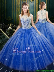 Customized Royal Blue Ball Gowns Organza High-neck Sleeveless Beading and Embroidery Floor Length Clasp Handle Quinceanera Gowns