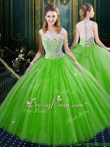 Chic Spring Green Ball Gowns Beading and Embroidery 15th Birthday Dress Clasp Handle Organza Sleeveless Floor Length