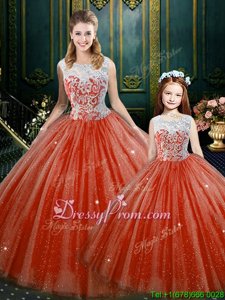 Classical Ball Gowns 15th Birthday Dress Red High-neck Tulle Sleeveless Floor Length Zipper