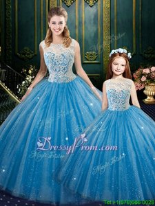 Superior Floor Length Aqua Blue Quinceanera Dress Tulle Sleeveless Spring and Summer and Fall and Winter Embroidery