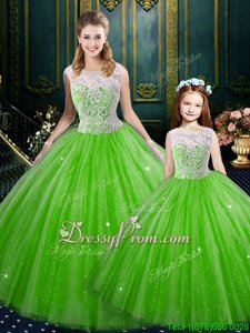 Floor Length Yellow Green Quince Ball Gowns High-neck Sleeveless Lace Up