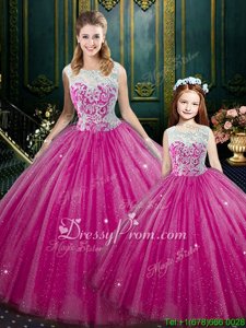 Fine Sleeveless Tulle Floor Length Lace Up Quinceanera Dresses inHot Pink forSpring and Summer and Fall and Winter withEmbroidery