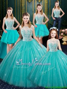 Charming Sleeveless Floor Length Embroidery Lace Up Ball Gown Prom Dress with Aqua Blue