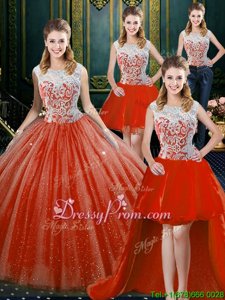Orange Red Ball Gowns Tulle High-neck Sleeveless Beading and Embroidery Floor Length Zipper Ball Gown Prom Dress