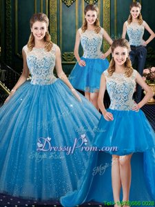 Enchanting Baby Blue Ball Gowns Tulle High-neck Sleeveless Beading and Embroidery Zipper Quince Ball Gowns Brush Train