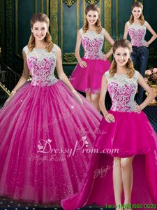 Hot Pink High-neck Lace Up Beading and Appliques Sweet 16 Quinceanera Dress Sleeveless