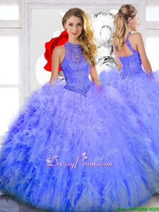 Vintage Royal Blue Organza Backless 15 Quinceanera Dress Sleeveless Floor Length Beading and Ruffles