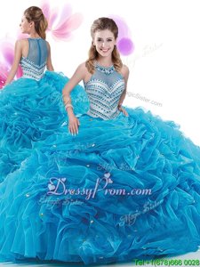 Dramatic Aqua Blue Ball Gown Prom Dress High-neck Sleeveless Court Train Zipper